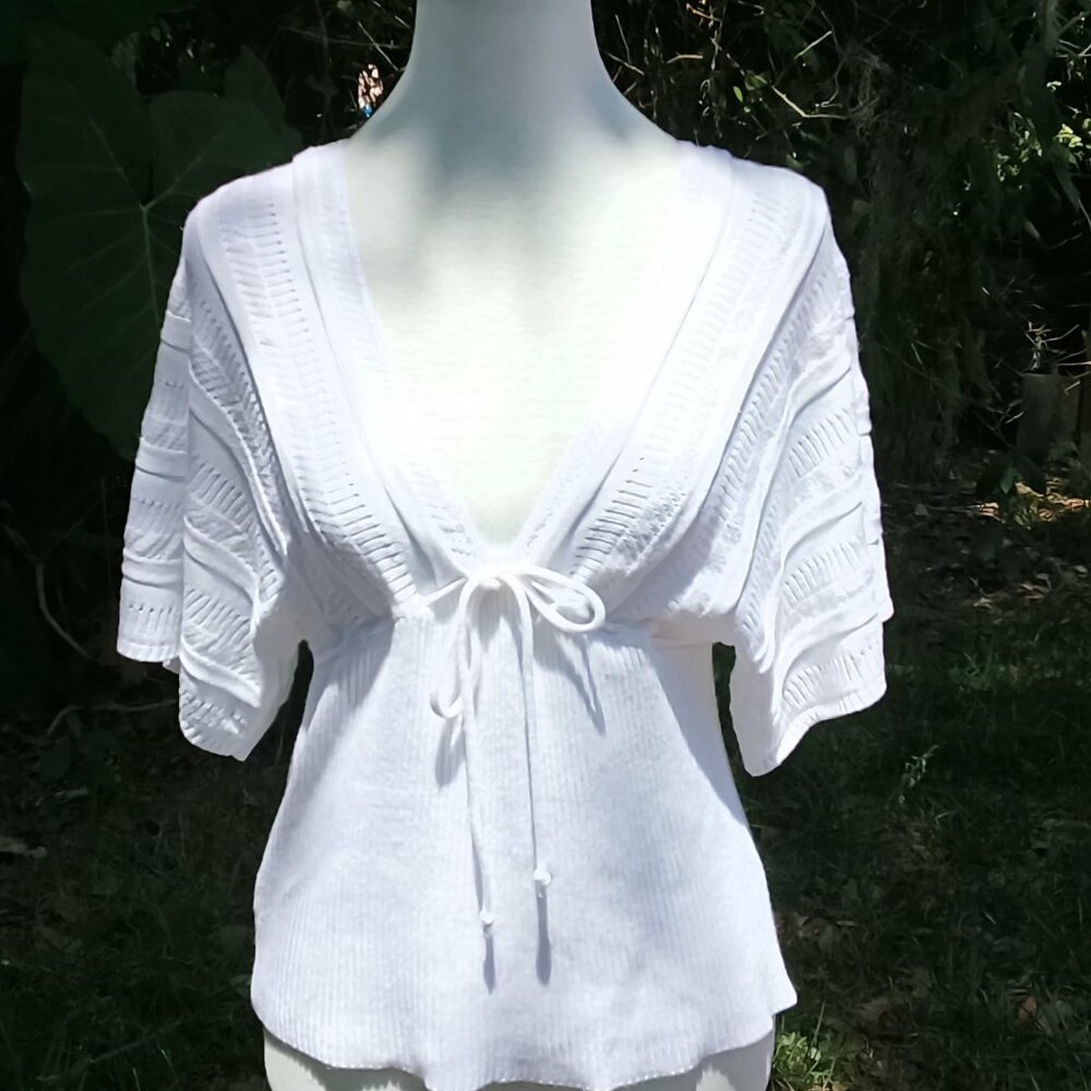 Womens Gorgeous Knitted White Deep V Front Off The Shoulders Knit Neck Tie Top🌼 - Picture 4 of 16